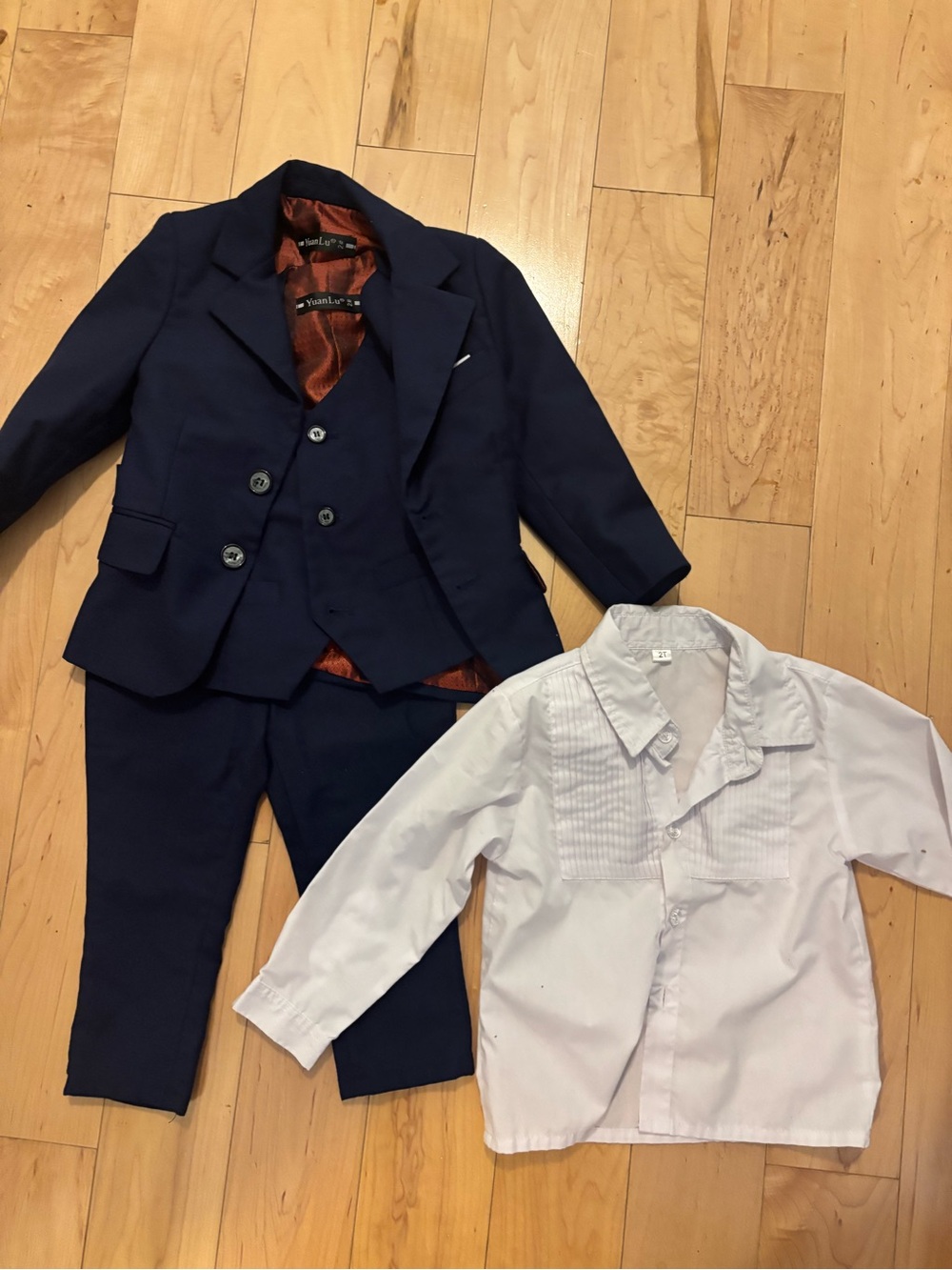 Boys 2T Navy 3 Piece Suit Ring Bearer + Tux Shirt